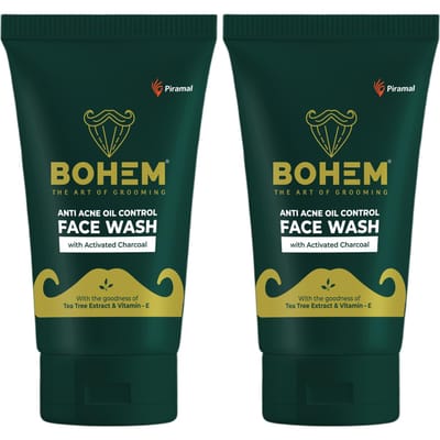 BOHEM Nettoyant Visage Anti-Acné au Charbon Actif pour Hommes 100ml x 2 | Contrôle du Sébum, Détox & Éclaircissement de la Peau Extrait d'Arbre à Thé & Vitamine E black