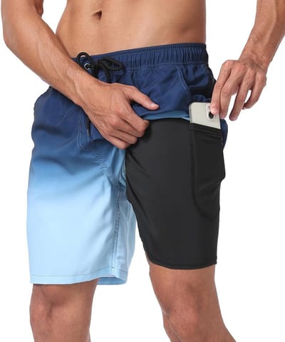 Heren zwemshorts met compressievoering, 2-in-1 stretch strandshorts met ritszakken, sneldrogend voor surfen en sportactiviteiten