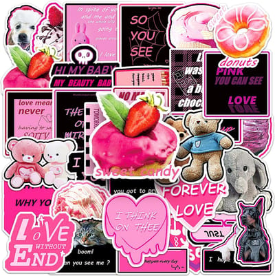 Winkrs© Zwart/Roze Sticker mix -50 stuks - Thema Sticker pakket met Beren, Liefde, Lieve teksten, Aestetics - Stickers voor volwassenen