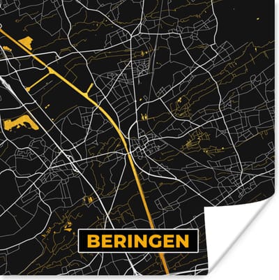 Poster Kaart - Black & gold - Beringen - Plattegrond - Stadskaart - 100x100 cm XXL