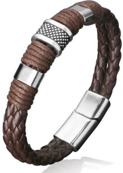 Armband Heren - Bruin Leer met Stalen Accenten - Armbanden - Papa Cadeau Voor Mannen - Vaderdag