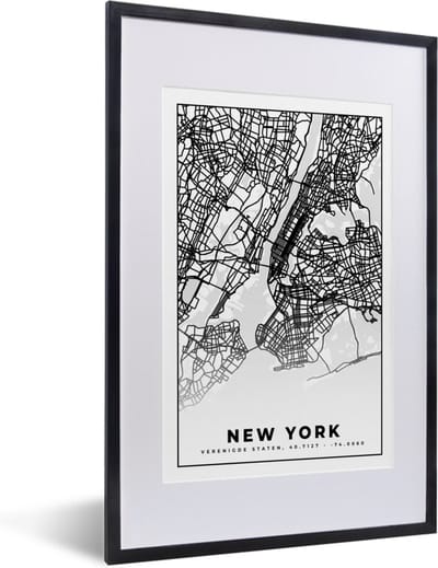 Fotolijst incl. Poster Zwart Wit- New York - Stadskaart - Zwart Wit - Plattegrond - Kaart - 40x60 cm - Posterlijst