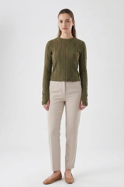 Geribbelde Crewneck Lange Mouw Blouse