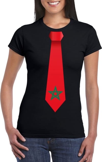Zwart t-shirt met Marokkaanse vlag stropdas dames - Marokko supporter S