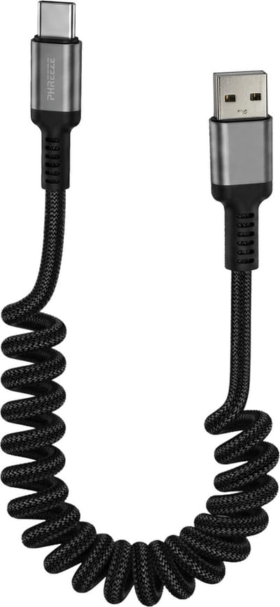 Phreeze USB-A naar USB-C kabel Uitrekbaar 1.5M Nylon 18W Quick Charge Zwart - USB-C Kabel - Data & Opladen - USB kabeltje geschikt voor CarPlay & Android Auto - Spiraalkabel - Krulsnoer - USB C naar USB kabel