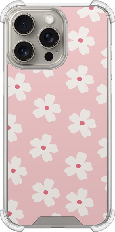 Shockproof hoesje - Geschikt voor iPhone 15 Pro Max - Roze retro bloempjes - Extra sterke case - TPU/polycarbonaat - Bloemen - Roze, Transparant
