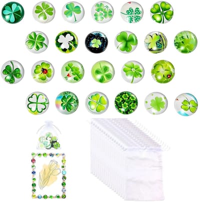 Dailygoods- Geluksbrenger Set 24 Stuks - Glazen Stenen Klavertje Vier 25 mm - Wenskaart - Hanger - Zandzak - Duurzaam Glasmateriaal - Gelukssteen