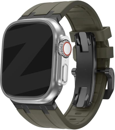 Bandz Siliconen band 'Luxe Liquid' - Hoogwaardig siliconen bandje geschikt voor Apple Watch Series 1/2/3/4/5/6/7/8/9/10/11/SE/SE2/SE3/Ultra (2/3) - grote maten - 44mm / 45mm / 46mm / 49mm - bruin met zwarte connectors