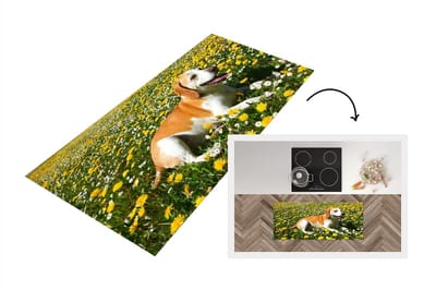 Keukenloper - Loper keuken - Beagle die tussen de gele bloemen ligt - 120x50 cm - Keukenloper vinyl