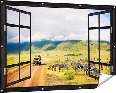 Gards Tuinposter Doorkijk Safari Auto tussen de Zebra's - 150x100 cm - Tuindoek - Tuindecoratie - Wanddecoratie buiten - Tuinschilderij