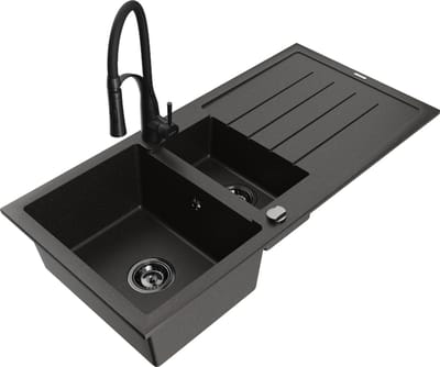 Mexen Andres granieten spoelbak 1,5-komors met afdruiprek en keukenmengkraan Aster, zwart/goud metallic - 6515-75-73450-70-B