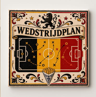België Wedstrijdplan Voetbaltegel – Belgische Vlag Tactiek Design met Voetbalveld, Leeuw en Friet – Decoratieve Keramische Supporter Cadeautegel