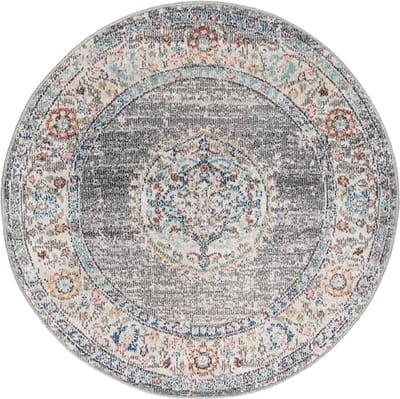 the carpet Palma - Indoor & Outdoor vloerkleed, weerbestendig & onderhoudsvriendelijk, grijs met oosters patroon, 120 cm round