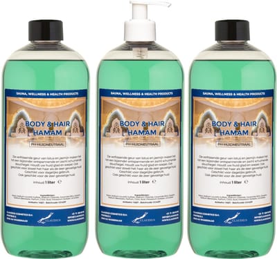 Body & Hair Hamam 1 liter met witte pomp - set van 3 stuks - 2 in 1 voor lichaam en haar - voordeelverpakking