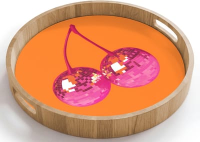 Dienblad rond 40x40 cm - Schootdienblad hout - Discoballen - Kers - Spiegels - Roze - Borrelplank rechthoek - Plateau houten dienbladen