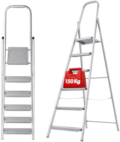KADAX Eenzijdige stalen ladder met antislipvoeten, trapladder, ladder met plank, trapladder, vouwladder, huishoudladder met brede treden (6 treden)
