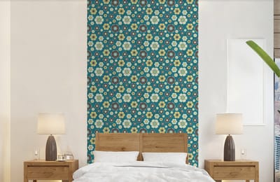 Behang - Fotobehang Retro - Bloemen - Patronen - Blauw - Breedte 120 cm x hoogte 240 cm