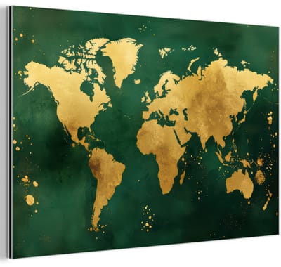 Aluminium schilderij 180x120 cm - Wanddecoratie metaal - Wereldkaart - Groen - Goud - Metalen muurdecoratie woonkamer - Decoratie industrieel - Foto op dibond - Industriële accessoires slaapkamer