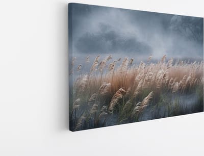 Saammp Canvas Schilderij - Hoog gras in de mist - Zonsondergang - Landschap - Natuur - 45x30 - Foto op canvas - Wanddecoratie - Muurdecoratie Woonkamer - Slaapkamer decoratie - Canvas Print