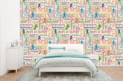Behang - Fotobehang Patroon - Sport - Alfabet - Quotes - Breedte 385 cm x hoogte 240 cm