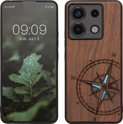 kwmobile telefoonhoesje geschikt voorXiaomi Redmi Note 13 Pro 5G / Poco X6 5G - Hoesje met bumper - hout - In donkerbruin Parelmoer kompas design