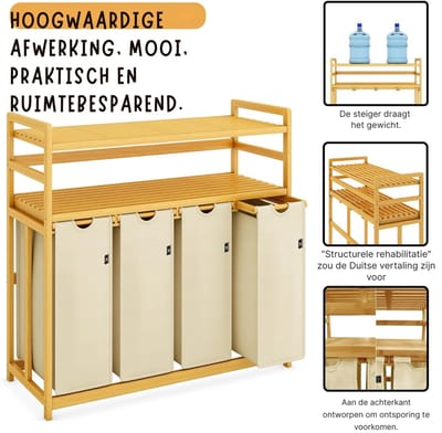 Florixa® Wasmand 4 Vakken - Wassorteerder - Wasmand - Bamboe Frame - Beige- ‎103cm x 41cm x 77cm