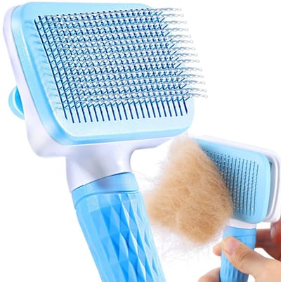 Huisdierborstel, kattenborstel, huisdierborstels, hondenborstel, kattenborstel voor lang en kort haar, schoon huisdierhaar van de borstel met één knop, blauw