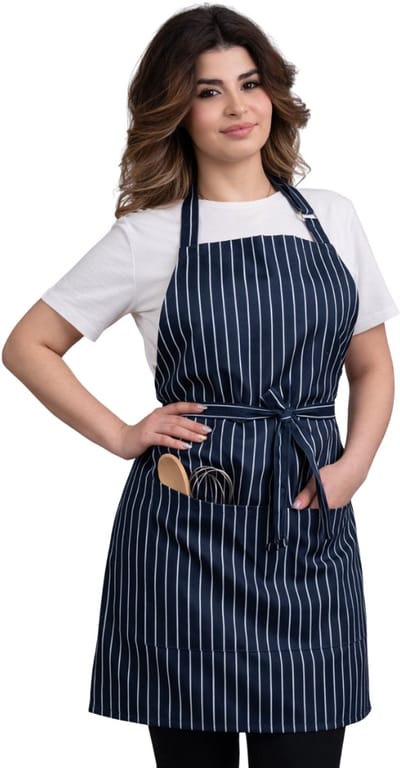 Culinary Stripe Keukenschort - Marine Blauw Lijnen - 60x80 cm - Kookschort met Zakken en 86 cm Tailleband - Horeca - Keukenschort Dames - Keukenschort Heren