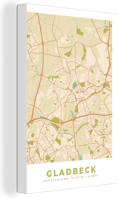 Canvas Schilderij Gladbeck - Plattegrond - Kaart - Stadskaart - Vintage - 20x30 cm - Wanddecoratie