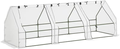 Killogood Mini Tuinkas mini tunnelkas 270L x 90l x 90H cm puntdak Staal HDPE 140 g/m² Anti-UV 3 ramen met ritssluiting oprolbaar Wit