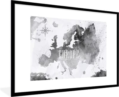 Poster in lijst - Fotolijst 120x80 cm - Posters - Waterverf - Wereldkaart - Zwart - Posterlijst zwart - Decoratie - Wanddecoratie woonkamer - Muurdecoratie slaapkamer