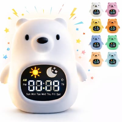 Luvonic® Slaaptrainer - Kinderwekker - Nachtlamp en Wekker - Kindvriendelijke Slaapwekker - Slaaptrainer met Led en Geluid - White Noise - 8 Verschillende Kleuren - Kind/Peuter/Kleuter - Beer