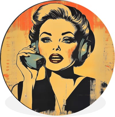 WallCircle - Wandcirkel - Muurcirkel - Retro - Vrouw - Koptelefoon - Oranje - Aluminium - Dibond - 30x30 cm - Binnen en Buiten