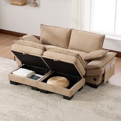 DESMIU Bank 190 x 132 cm - Modulaire 2-Zits Met 2 Hockers, USB-C En Zijvakken - Voor Woonkamer, Kantoor En Lounge - Corduroy - Khaki