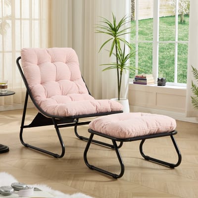 Wishdor Loungestoel met voetenbank - Moderne uitvoering - Stalen frame met kussen - Woonkamer en buiten - Zwart en roze - 65 x 78 x 86 cm