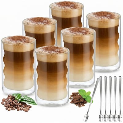 Latte Macchiato glazen, dubbelwandig, 400 ml, verpakking van 6 met 6 lepels, dubbelwandige koffieglazen, cappuccinokopjes, glas, spiraalvormig, thermoglazen, theeglazen van borosilicaatglas