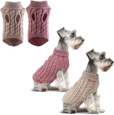 2 Stuks Hondentruien Gebreid Met Col, Warme Wintertrui Voor Teckels, Schattige Kleding Voor Puppies, Gestreepte Vest Hondenkleding, Dieren Gebreide Trui (Khaki & Roze)