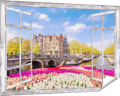 Gards Tuinposter Doorkijk Amsterdamse Huisjes aan de Grachten - 150x100 cm - Tuindoek - Tuindecoratie - Wanddecoratie buiten - Tuinschilderij