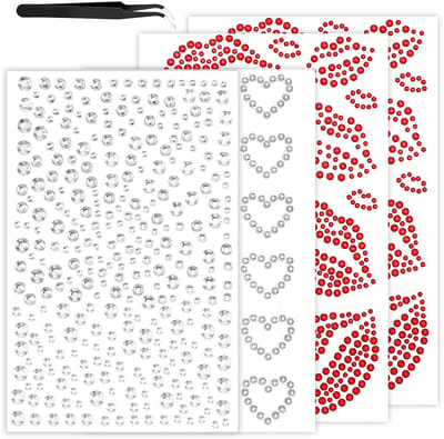 4 vellen glittersteentjes voor gezicht, lippenvorm, hartvormige glitterstenen, zelfklevend met pincet, zilveren strass-steentjes voor gezicht, ogen, lichaam, make-up