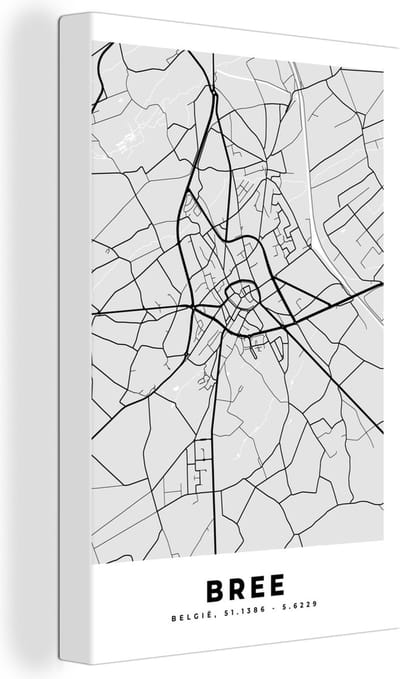 Canvas Schilderij Stadskaart – Plattegrond – België – Zwart Wit – Bree – Kaart - 20x30 cm - Wanddecoratie