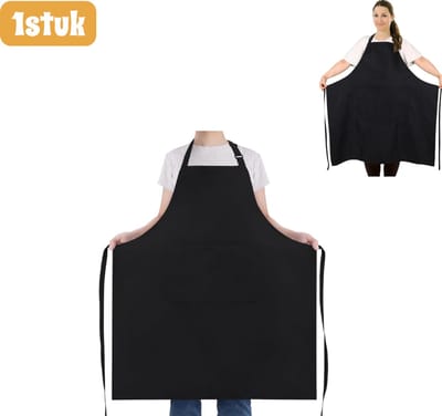 1 stuk - Keukenschort - Werkkeukenschort in grote maten - Verstelbare banden - Ontwerp met dubbele zakken - Bescherming tijdens koken en bakken - 97 x 88 cm - Zwart