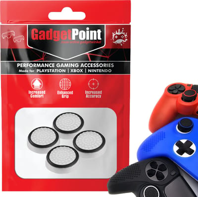 Gadgetpoint - Thumb Grips voor PlayStation, PS5, Xbox X/S, One & Switch Pro Controller - Gaming Thumbgrips - Performance Anti-Slip Thumbsticks - Bescherming Accessoires - Wit met Zwart