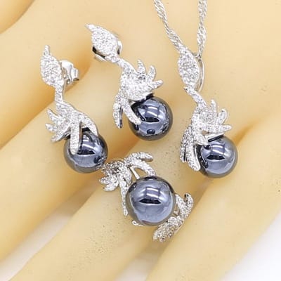 Ensembles de Bijoux de Mariage Perle Noire Pour Femmes Boucles d'Oreilles Collier Pendentif Bague Zircon Bracelet Cadeau d'Anniversaire 6 gray