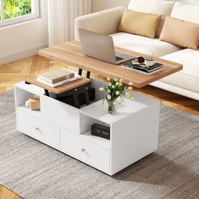 Verstelbare salontafel 100 x 50 x 47,5 cm - opvouwbare koffietafel met lade - sofatafel met zwenkwielen - wit met houten tafelblad