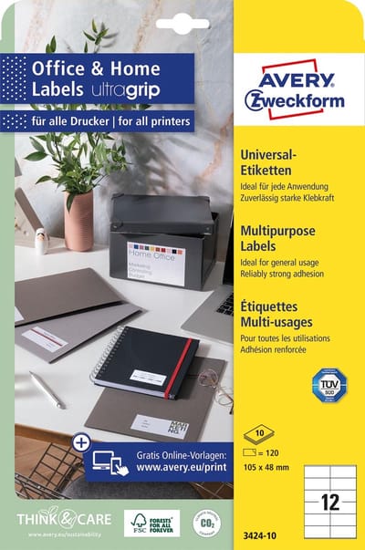 Avery Zweckform universele etiketten, 105 x 48 mm, wit, permanent klevend, 120 etiketten, 10 vellen 50 stuks