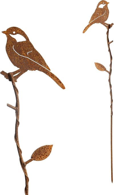 Tuinsteker Koolmees - Decoratieve Vogel - Bloembed Aankleding - Verroest Metaal Patina - Koolmees