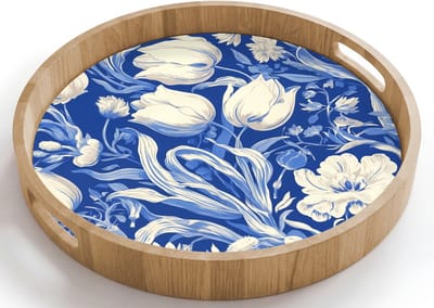 Dienblad rond 40x40 cm - Schootdienblad hout - Bloemen - Delfts Blauw - Patroon - Tulp - Borrelplank rechthoek - Plateau houten dienbladen