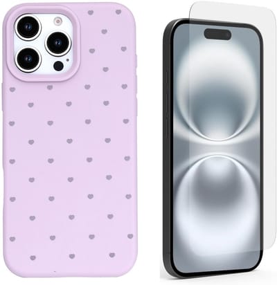 Hoesje en Glas Geschikt voor iPhone 15 Pro - Paars - Casemania Stevige Siliconen Back Cover met Hartjes Print - 1x Glazen Screenprotector