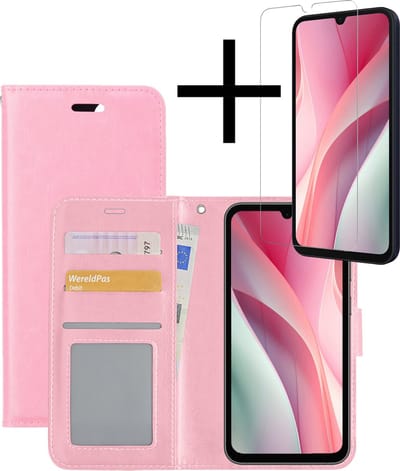 Hoesje - Met Screenprotector - Geschikt voor Samsung Galaxy A15 - Luxe Pasjeshouder - Bookcase Portemonee - Flip Case - Kunstleer Book Case - Flipcase - Book Cover - Walletcase - Portemonneehoes - Lichtroze