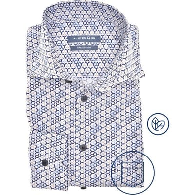 Ledub modern fit overhemd - popeline - wit met blauw en beige dessin - Strijkvriendelijk - Boordmaat: 39